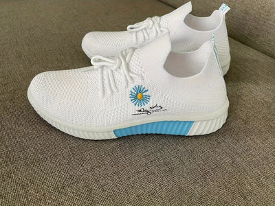 Women's Flower Pattern Sneakers, Breathable Flying Woven Outdoor Shoes, Lightweight Low Top Running Shoes