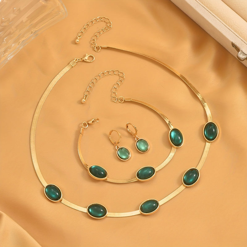 4pcs elegant and luxurious imitation Created-Emerald necklace, earrings and bracelet set, as well as a Women&