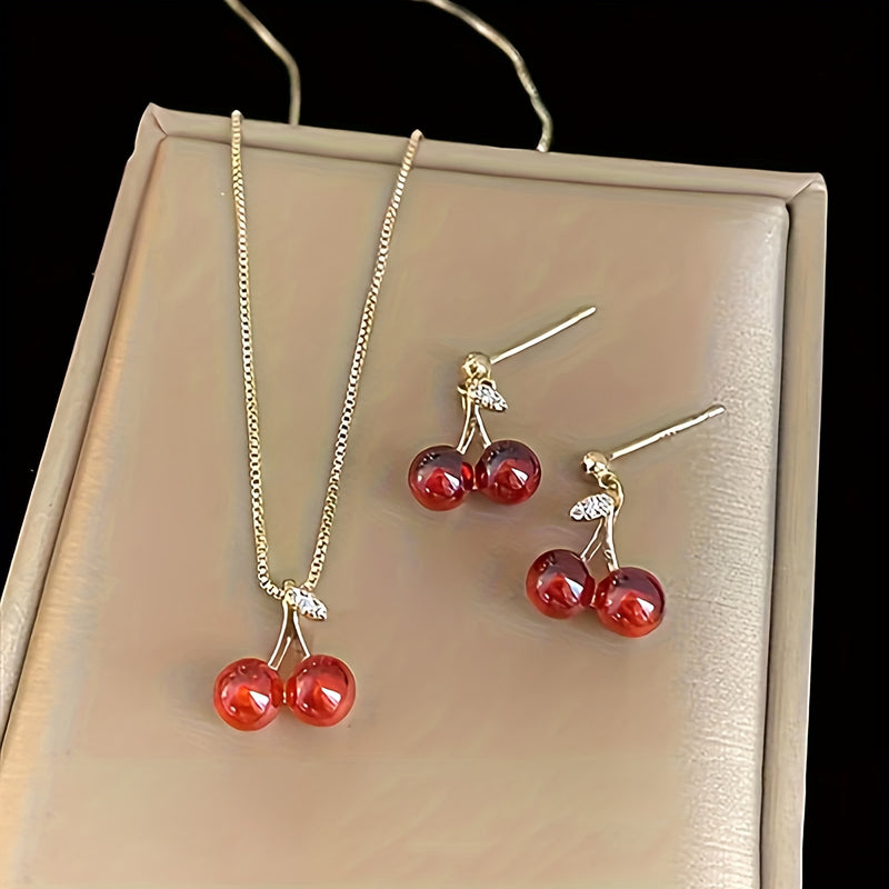 NEW 3pcs set, red cherry fruit earrings and necklace, high-quality jewelry, upgraded cute earrings and necklace, premium decorative earrings, suitable for daily wear, wedding season accessory, perfect gift for best friends, c