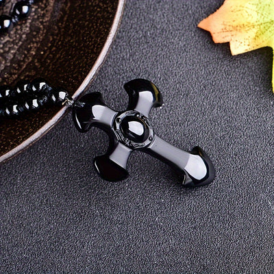 1pc obsidian necklace with a religious cross lucky symbol pendant and paired with a black synthetic Synthetic Gemstone chain, suitable for gifts for men and women.