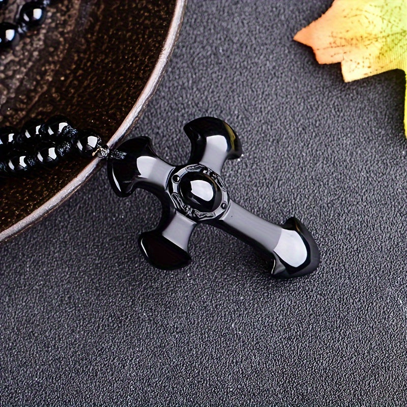1pc obsidian necklace with a religious cross lucky symbol pendant and paired with a black synthetic Synthetic Gemstone chain, suitable for gifts for men and women.
