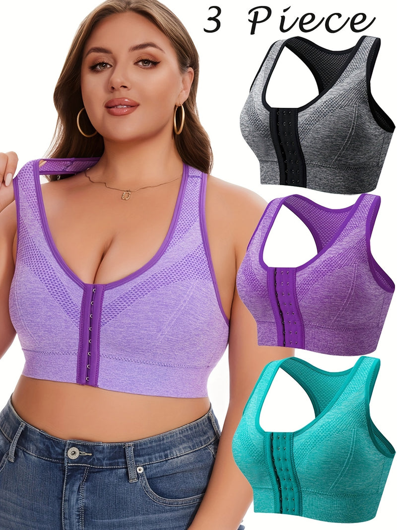 Front Hook Sports Bra Wireless Breathable High Elasticity Plus Size 3pcs