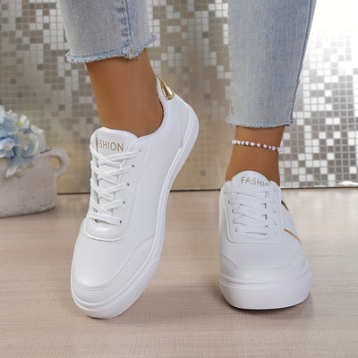 Women'S White Low-Top Sneakers with Golden Accents - Genuine Leather Upper, Breathable Fabric Lining & Durable Rubber Sole, Lace-Up Casual Shoes for All-Season Comfort, Ladies Sneakers, Baked White Sports Shoe For Women