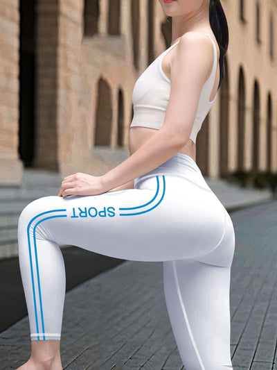 Plus Size High-Waisted Women's Leggings, Stretchy Tummy Control Yoga Pants With Side Stripe Print For Running Fitness Outdoor Sports Fashion