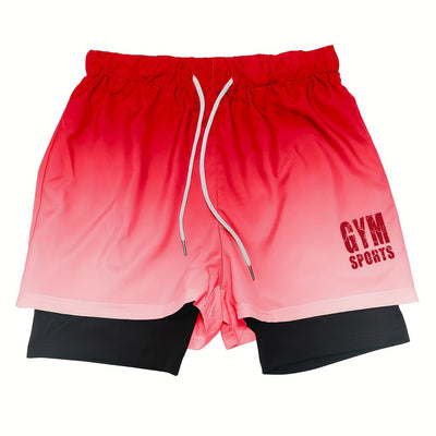 2-in-1 Double Layer Ombre Shorts - High Stretch, Drawstring Waist, Side Pocket, Breathable, Quick-Drying, Comfortable, Mens Sports Shorts for Summer Gym Workout, Training, and Fitness - GYM Pattern Print, Bull Design