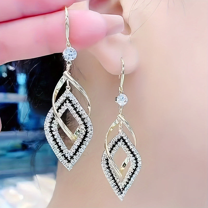 A Pair of Stylish And Exquisite Double-Layer Hollow Diamond-Shaped Sparkling Synthetic Zirconia Drop Earrings, Featuring a Sexy And Elegant Style, Made of Alloy, Suitable for Women&