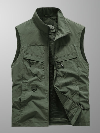 Men'S Navy Blue Sleeveless Vest with Stand Collar, Zippered Front & Side Pockets - Casual, Loose-Fit Outdoor Sports Vest for All Seasons, Polyester Fiber Lining, Perfect for Fall/Winter