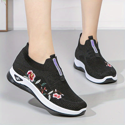 Women's Versatile Breathable Knitted Sneakers With Embroidered Floral Design, Comfortable Casual Sports Shoes