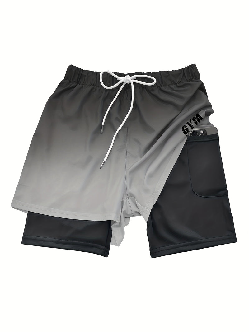 2-in-1 Double Layer Ombre Shorts - High Stretch, Drawstring Waist, Side Pocket, Breathable, Quick-Drying, Comfortable, Mens Sports Shorts for Summer Gym Workout, Training, and Fitness - GYM Pattern Print, Bull Design