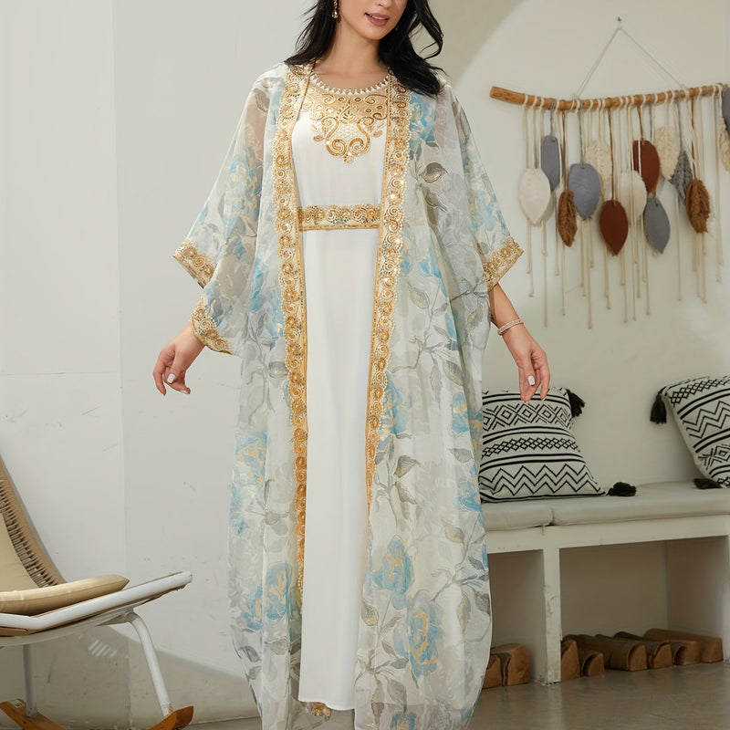 Oriental Traditional Style Sequined Lace Two-Piece Mesh Abaya Dress for Women - Long Robe with Veil