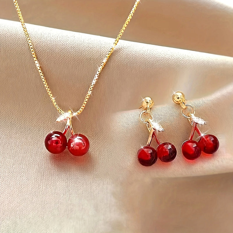 NEW 3pcs set, red cherry fruit earrings and necklace, high-quality jewelry, upgraded cute earrings and necklace, premium decorative earrings, suitable for daily wear, wedding season accessory, perfect gift for best friends, c