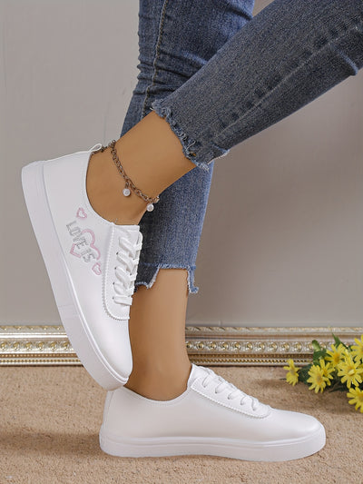 Women's Heart Pattern Sneakers, Casual Lace Up Outdoor Shoes, Comfortable Low Top Faux Leather Shoes