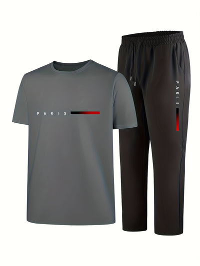 Men'S Casual Sports Two-Piece Set Short Sleeve Top Straight Leg Pants with Paris Print, Fashionable And Trendy, Ideal for Summer, Parties, Casual Outings, And Everyday Wear, Everyday Wear|Short Sleeve Top|Print Trousers