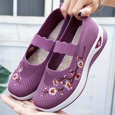Women's Flower Pattern Sneakers, Breathable Knit Slip On Outdoor Shoes, Comfortable Low Top Shoes
