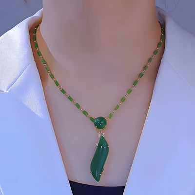 Elegant Green Charm Bamboo Pendant Necklace for Women - Golden-Tone Alloy Chain with Resin Detailing, Fashionable Collarbone Jewelry, Fashion Accessory | Elegant Jewelry | Decorative Beads