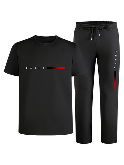 Men'S Casual Sports Two-Piece Set Short Sleeve Top Straight Leg Pants with Paris Print, Fashionable And Trendy, Ideal for Summer, Parties, Casual Outings, And Everyday Wear, Everyday Wear|Short Sleeve Top|Print Trousers