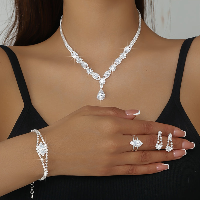 Luxurious and Exquisite High-end Sparkling Water Drop Necklace, Bracelet, Earrings and Ring Set for Bride&