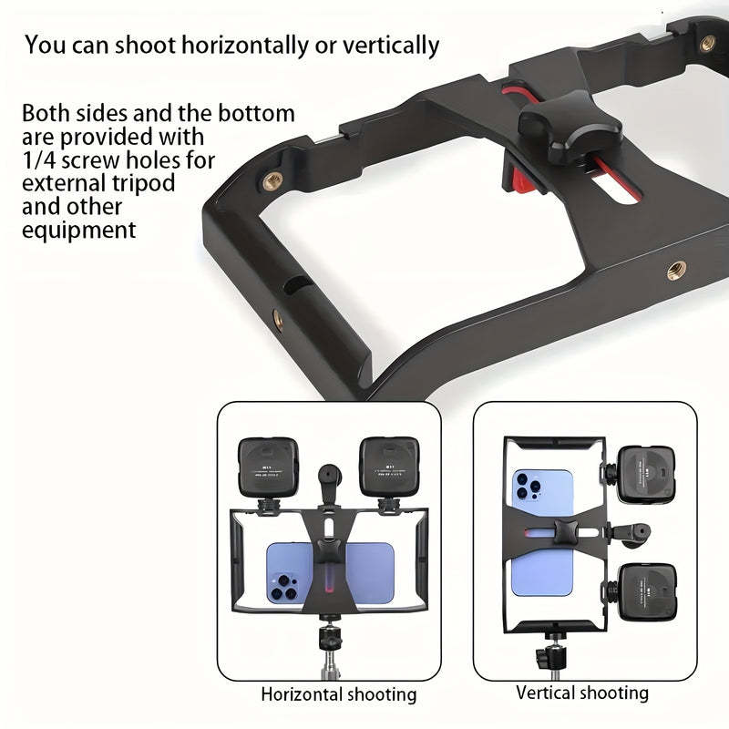 1pc Handheld Phone Stabilizer with Rotating Gimbal, Smartphone Micro Stand and Fill Light for Live Streaming/Photography Recording. Features Three Cold Shoe Mounts & Multiple 1/&