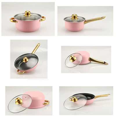 18pcs Pink Stainless Steel Cookware Set with Non-Stick Pans & Lids - Induction Compatible, Stackable Space-Saving Design, Golden-Toned Black Lids & Black Utensil-Friendly Sides, Heat-Resistant Durable 410 Stainless Steel Cons