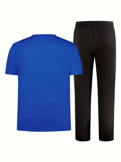 Men'S Casual Sports Two-Piece Set Short Sleeve Top Straight Leg Pants with Paris Print, Fashionable And Trendy, Ideal for Summer, Parties, Casual Outings, And Everyday Wear, Everyday Wear|Short Sleeve Top|Print Trousers