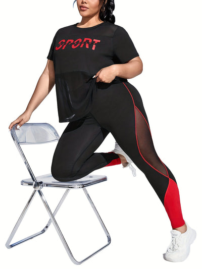 Plus Size Yoga Casual Sports Mesh Patchwork Logo Print Short Sleeve Set, Elegant Style, Crew Neck, High Stretch Fabric, All-Season Wear, with Butt Lifting and Comfortable Soft Compression Fit