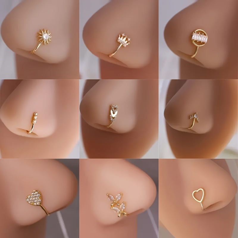 10pcs Set of Non-Piercing Nose Clips - Cute and Sexy Copper Cubic Synthetic Zirconia Design, U-shaped Heart, Crown, Butterfly and Star Patterns, Suitable for Daily Wear