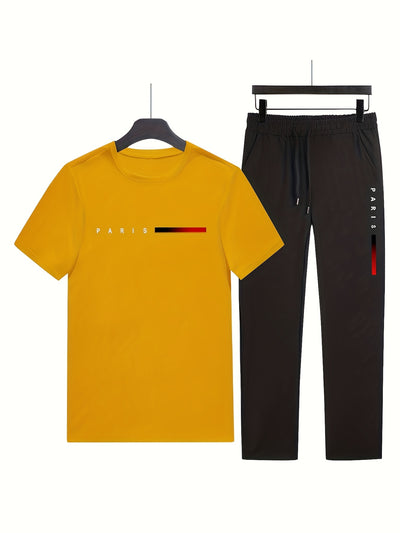 Men'S Casual Sports Two-Piece Set Short Sleeve Top Straight Leg Pants with Paris Print, Fashionable And Trendy, Ideal for Summer, Parties, Casual Outings, And Everyday Wear, Everyday Wear|Short Sleeve Top|Print Trousers