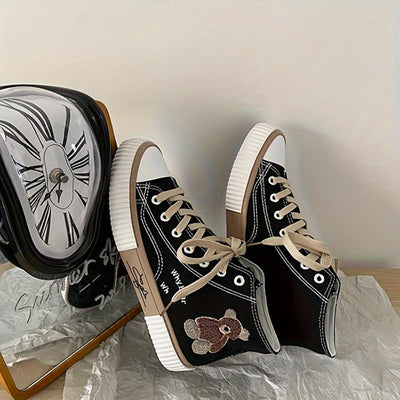 Women's Cute Bear Pattern Canvas Shoes, Casual Lace Up Outdoor Shoes, Comfortable High Top Shoes