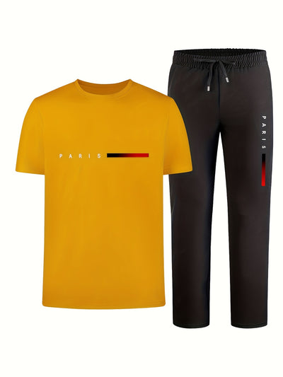 Men'S Casual Sports Two-Piece Set Short Sleeve Top Straight Leg Pants with Paris Print, Fashionable And Trendy, Ideal for Summer, Parties, Casual Outings, And Everyday Wear, Everyday Wear|Short Sleeve Top|Print Trousers