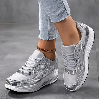 Women's Metallic Platform Sneakers, Breathable Mesh Lace Up Outdoor Shoes, Comfortable Low Top Sport Shoes