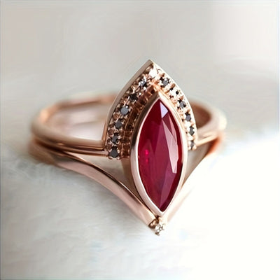 Elegant Style Cuff Ring Set, Marquise-Cut Imitation Red Jade with Surrounding Accent Stones, No Plating, Daily Wear Accessory, Fits All Seasons
