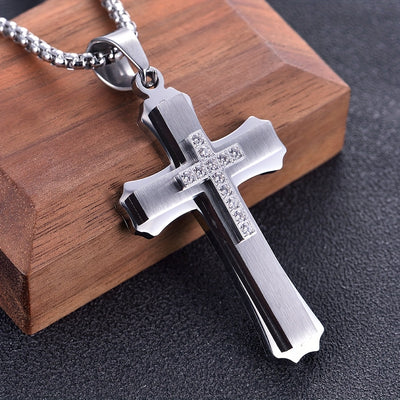 Alpaca Men's 202 Stainless Steel Multi-Layer Cross Pendant Necklace with Black Enamel & Accents - Edgy Modern Design for Festive Occasions, Parties, Music Festivals - Year-Round Versatile Jewelry, Festival Necklace, Intricate