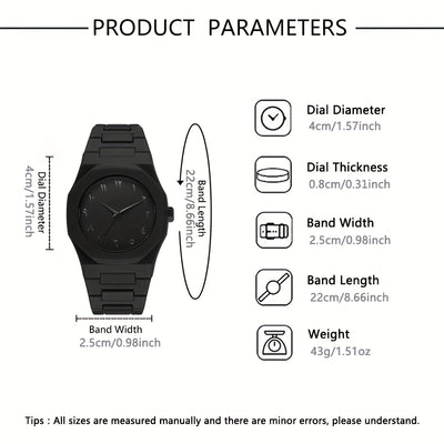 4pcs Men's Luxury Quartz Watch & Accessory Gift Set - Black Modern Polygonal Dial Analog Watch with Black Dial & White Hands, Black Strap, Matching Necklace & Ring - Battery-Powered Quartz Movement, Ideal Christmas/Birthday G