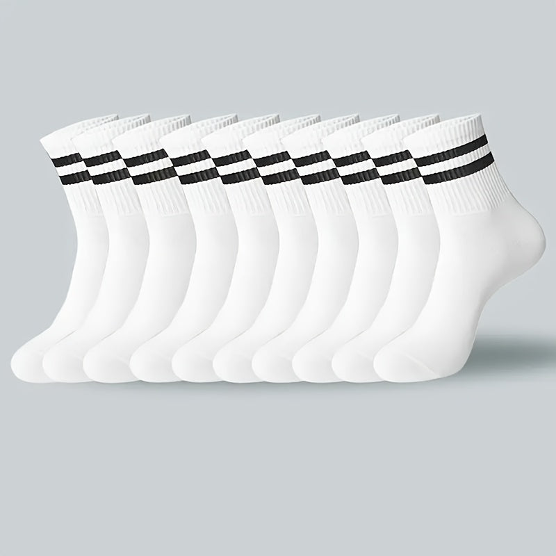 10/20 Dual-Striped Long Socks for Men And Women - Made from Breathable Polyester Knit Fabric, Casual Sports Style, Hand Wash/Dry Clean, Available in Black/White.