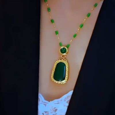 Elegant Green Charm Bamboo Pendant Necklace for Women - Golden-Tone Alloy Chain with Resin Detailing, Fashionable Collarbone Jewelry, Fashion Accessory | Elegant Jewelry | Decorative Beads
