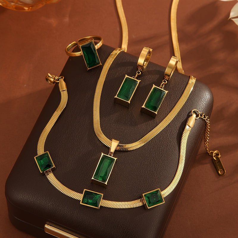 5pcs Elegant Golden-Tone Stainless Steel Jewelry Set with Green Zirconia - Includes Necklace, Earrings, Ring, and Bracelet - Perfect for Women&