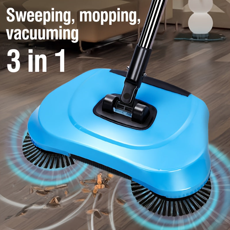 3in1 Manual Broom and Vacuum Combo with Long Handle - Automatic Deep Cleaning System, Sweeping, Mopping, Vacuuming - for Hardwood, Tile, Linoleum Floors - Ideal for Kitchen, Office, Living Room, Bedroom - Space-Saving Cleanin