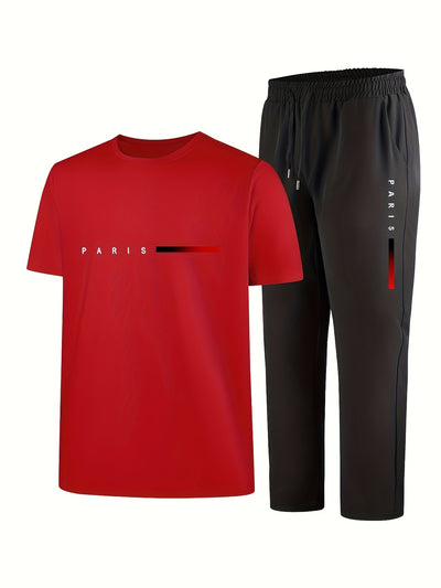 Men'S Casual Sports Two-Piece Set Short Sleeve Top Straight Leg Pants with Paris Print, Fashionable And Trendy, Ideal for Summer, Parties, Casual Outings, And Everyday Wear, Everyday Wear|Short Sleeve Top|Print Trousers