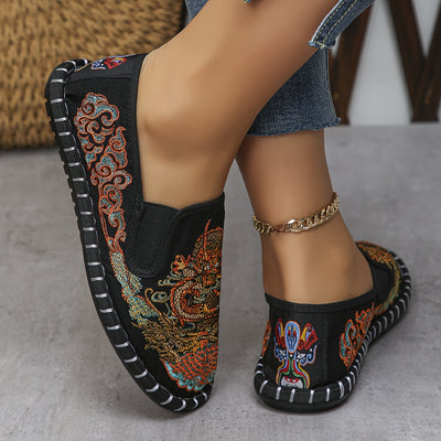 Women's Loong Embroidered Flat Shoes, Casual Slip On Outdoor Shoes, Comfortable Low Top Shoes