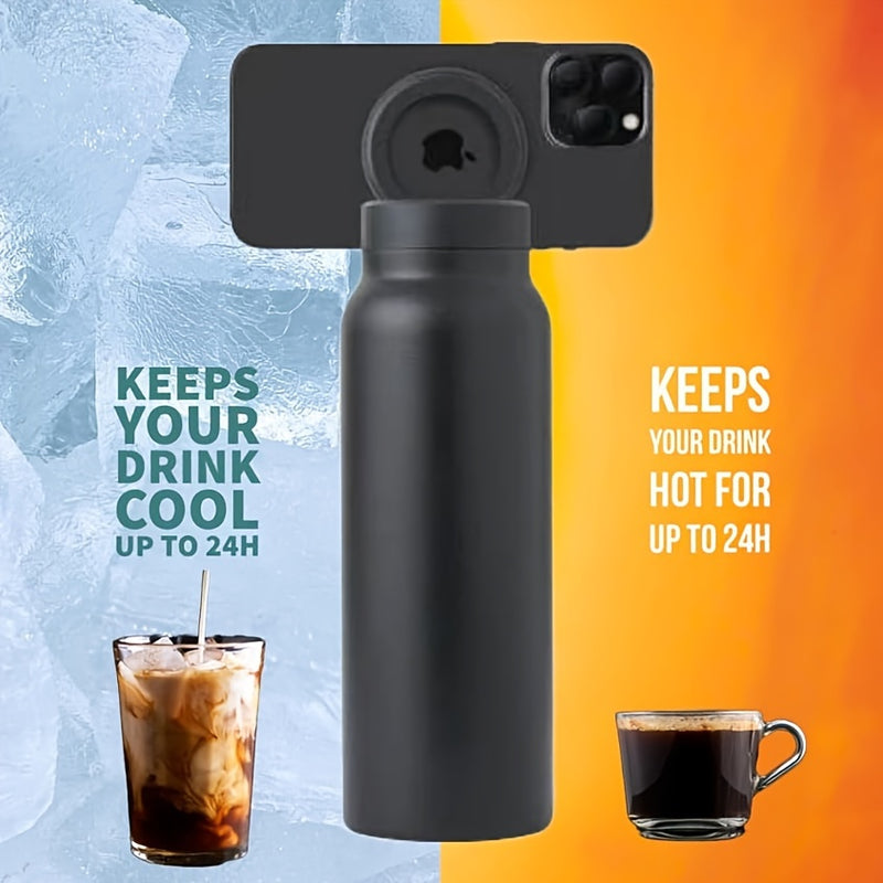 1pc Stainless Steel Insulated Water Bottle with Car Cup Holder & Phone Stand - Thick, Durable for Outdoor Sports