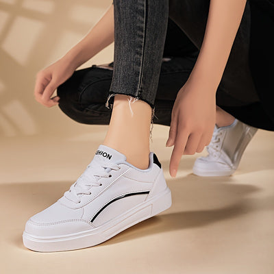 Women's All-Match White Skate Shoes, Casual Round Toe Lace Up Sneakers, Comfortable Low Top Flat Sports Shoes