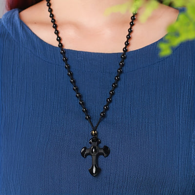 1pc obsidian necklace with a religious cross lucky symbol pendant and paired with a black synthetic Synthetic Gemstone chain, suitable for gifts for men and women.
