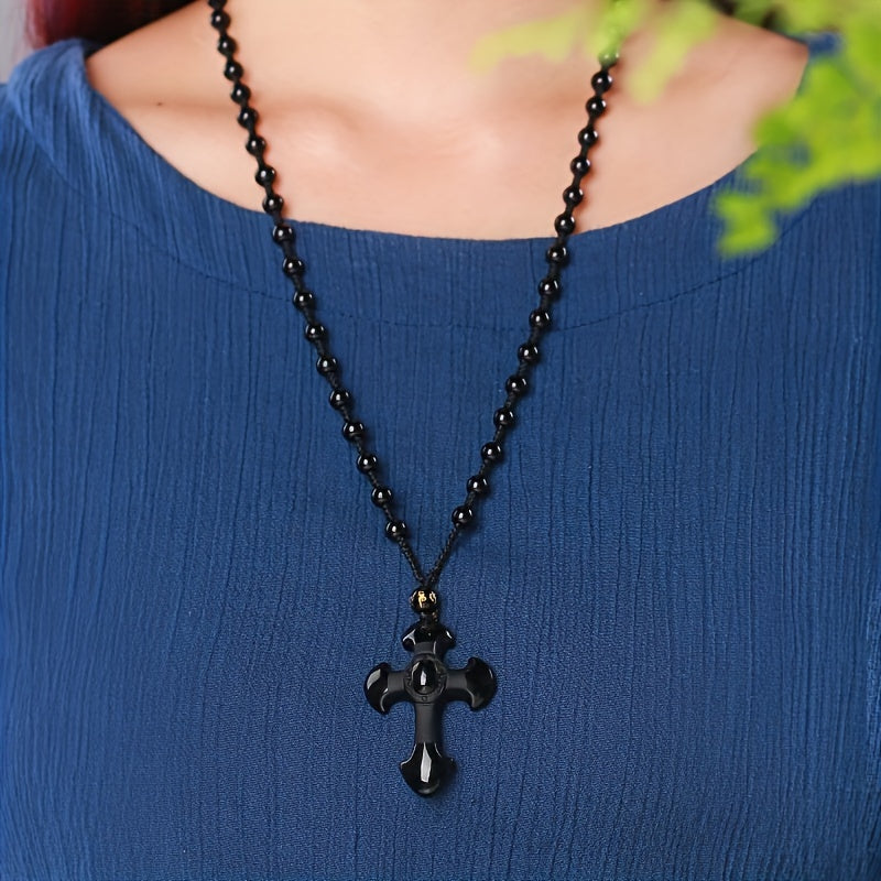 1pc obsidian necklace with a religious cross lucky symbol pendant and paired with a black synthetic Synthetic Gemstone chain, suitable for gifts for men and women.