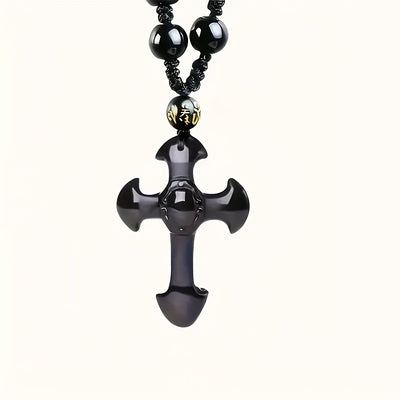 1pc obsidian necklace with a religious cross lucky symbol pendant and paired with a black synthetic Synthetic Gemstone chain, suitable for gifts for men and women.