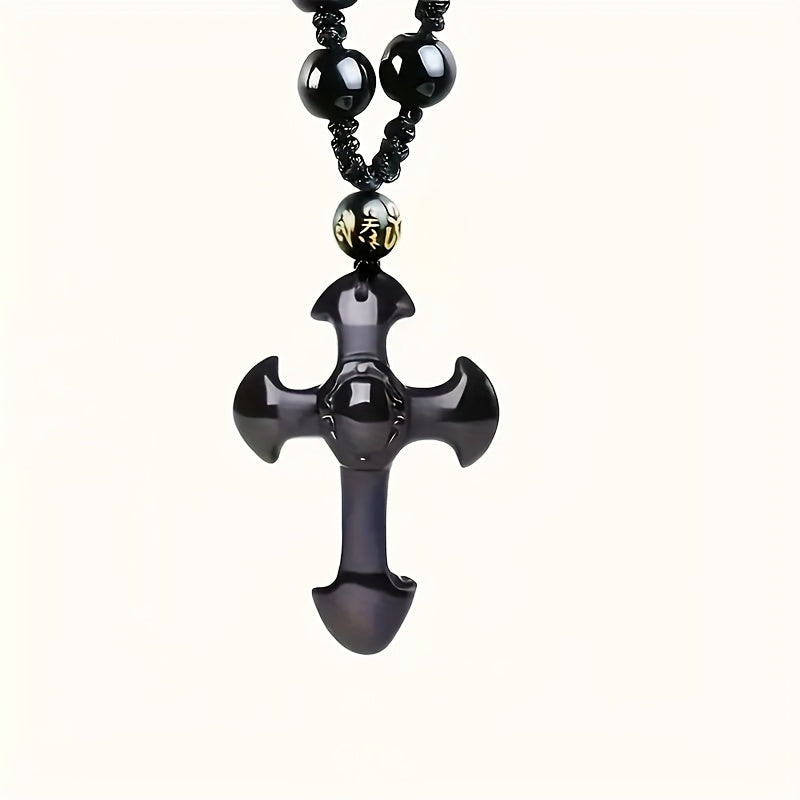 1pc obsidian necklace with a religious cross lucky symbol pendant and paired with a black synthetic Synthetic Gemstone chain, suitable for gifts for men and women.