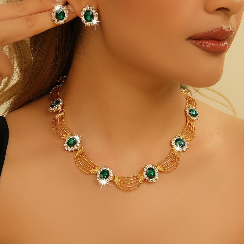 Pair of earrings + a green rhinestone necklace, blingbling sparkling luxury jewelry set, perfect for dance parties and gifting
