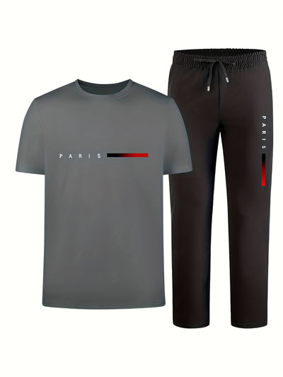 Men'S Casual Sports Two-Piece Set Short Sleeve Top Straight Leg Pants with Paris Print, Fashionable And Trendy, Ideal for Summer, Parties, Casual Outings, And Everyday Wear, Everyday Wear|Short Sleeve Top|Print Trousers