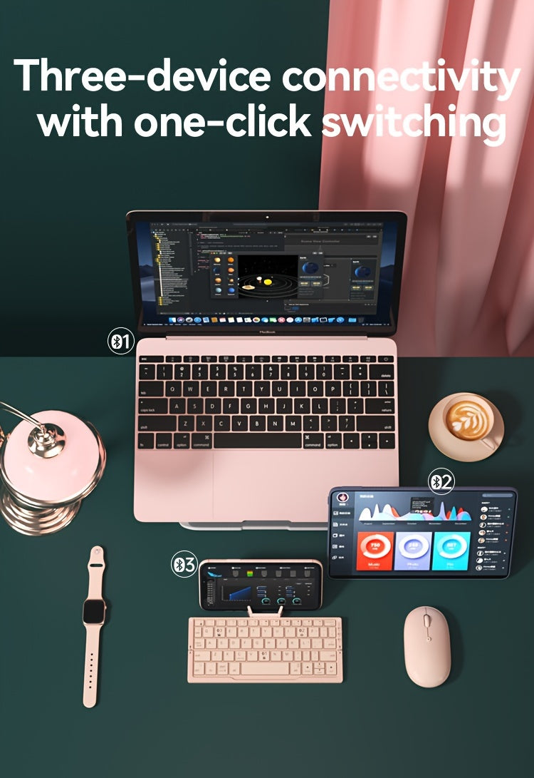 BOW Foldable Wireless BT Keyboard Mute, For Home And Office Use, Portable, Mobile Charging Keypad, With Mobile Phone And Tablet Holder, Capable Of Connecting Three Devices Simultaneously, Applicable To Android/Windows/iOS Mob