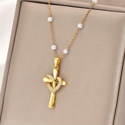 Golden Plated Stainless Steel Chain Golden Plated-Plated Cubic Synthetic Zirconia Cross Pendant Necklace - Retro Design, Stylish and Trendy Minimalist Unisex Necklace for Men and Women, Perfect for Streetwear, Daily Wear, or