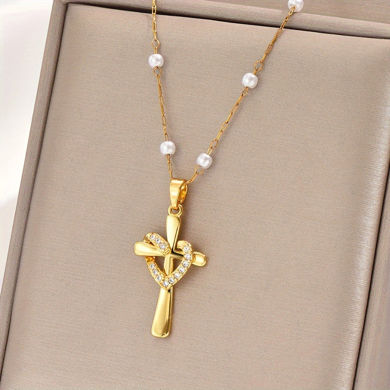 Golden Plated Stainless Steel Chain Golden Plated-Plated Cubic Synthetic Zirconia Cross Pendant Necklace - Retro Design, Stylish and Trendy Minimalist Unisex Necklace for Men and Women, Perfect for Streetwear, Daily Wear, or